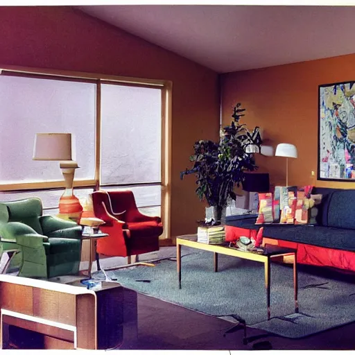 Prompt: a typical American living room from 1980