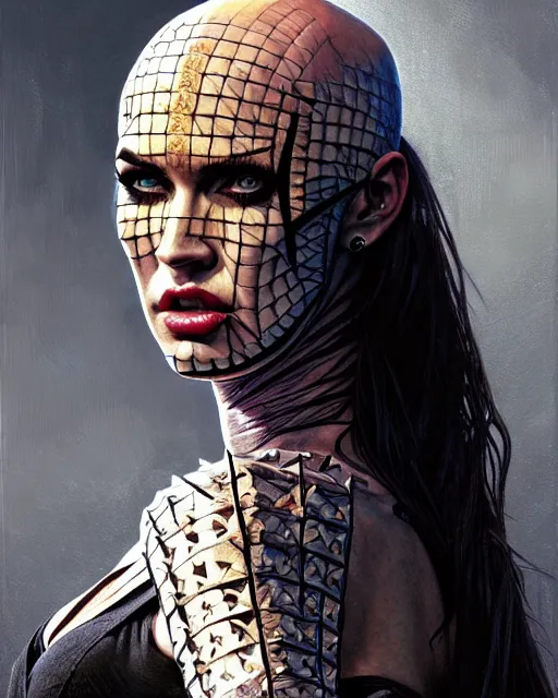 Image similar to portrait of megan fox as pinhead, bald, hellraiser, xenobite, lament configuration, hell, intricate, headshot, highly detailed, digital painting, artstation, concept art, sharp focus, cinematic lighting, illustration, art by artgerm and greg rutkowski, alphonse mucha, cgsociety