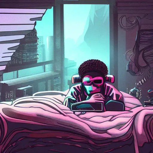 Prompt: in the style of ghostshrimp and deathburger a highly detailed illustration of a young mixed race male explorer wearing a cyberpunk headpiece who is meditating in his bedroom