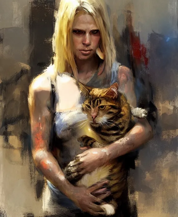 Prompt: blonde greek warrior holding a cat by jeremy mann