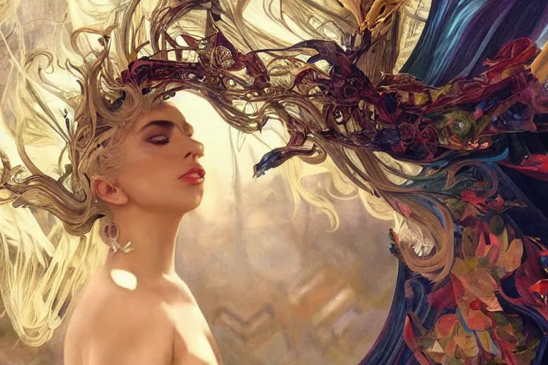 Image similar to music video screenshot of Lady gaga song chromatica, unreal, fantasy, intricate, elegant, dramatic, highly detailed, photorealistic, digital painting, painterly, artstation, concept art, smooth, sharp focus, art by John Collier and Krenz Cushart and Artem Demura and Alphonse Mucha and Albert Aublet