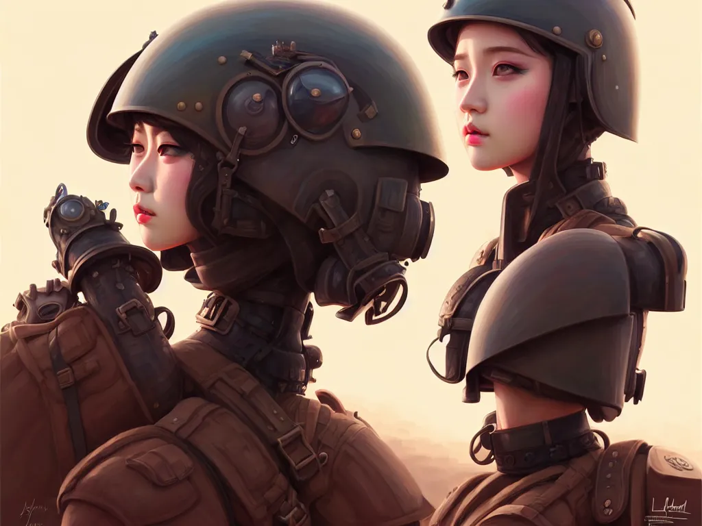 Image similar to portrait blackpink jisoo of dieselpunk soldier girl, helmet, desert, armored, highly detailed, digital painting, face detail, sharp focus, art, illustrations by loish and ayanamikodon and irakli nadar and rossdraws and wlop