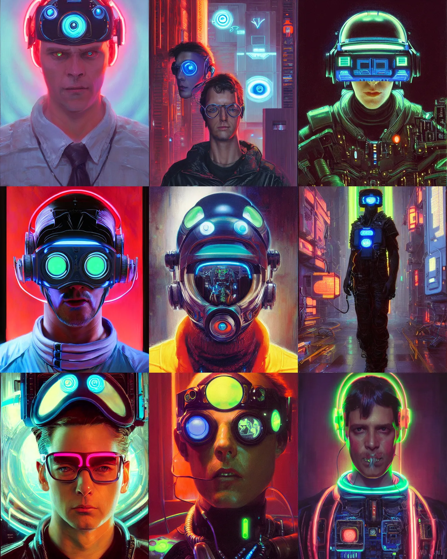 Prompt: neon cyberpunk programmer with thin glowing eye visor and headset headshot portrait painting by donato giancola, kilian eng, john berkley, hayao miyazaki, j. c. leyendecker, mead schaeffer fashion photography