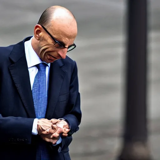 Image similar to Dramatic photo of Enrico Letta, crying and broken with gloomy sky