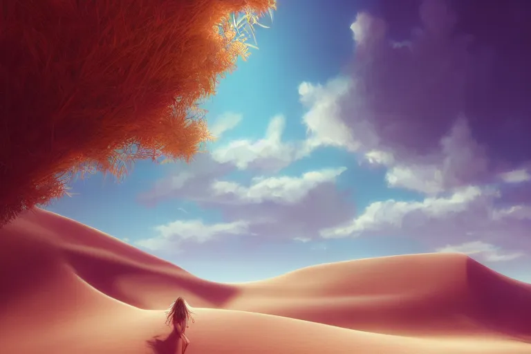 Image similar to beautiful dreamy landscape, dream, colors, dramatic, mid day, sand dune background, large scale, hyperrealistic, lots of detail, realistic lighting, octane render, by wlop, artgerm, trending on artstation