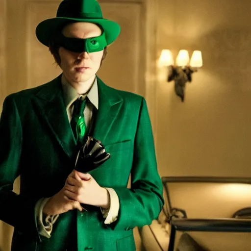 Prompt: film still of Paul Dano as Riddler in a green suit and tie and green fedora in a dark room in The Batman, 4k, dark lighting!!!!, film noir, grainy, dark tone