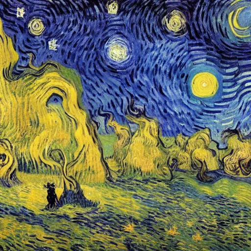 Image similar to A post-Impressionist oil painting of a night sky roiling with chromatic blue swirls, a glowing yellow crescent moon, and stars rendered as radiating orbs, over a village. A large stylized cypress tree is in the left foreground. By Vincent van Gogh, 1889.