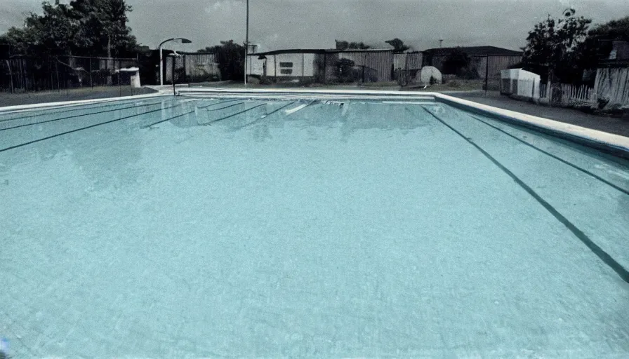 Image similar to 1 9 6 0 s movie still of empty yellow tiles swimmingpool, low quality, liminal space style