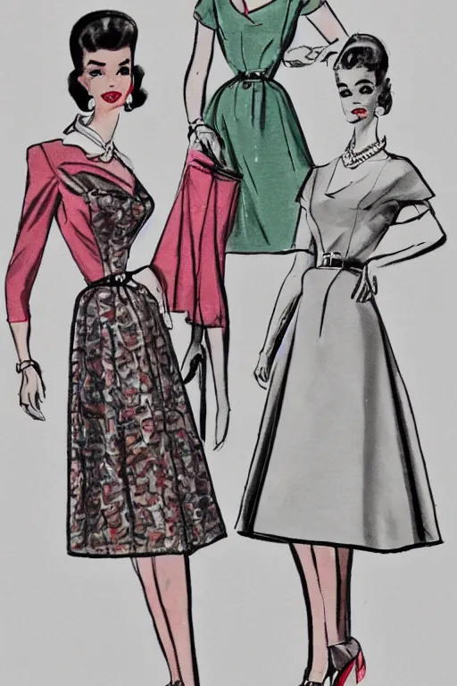 Image similar to a detailed fashion illustration of a 5 0 s hostess outfit