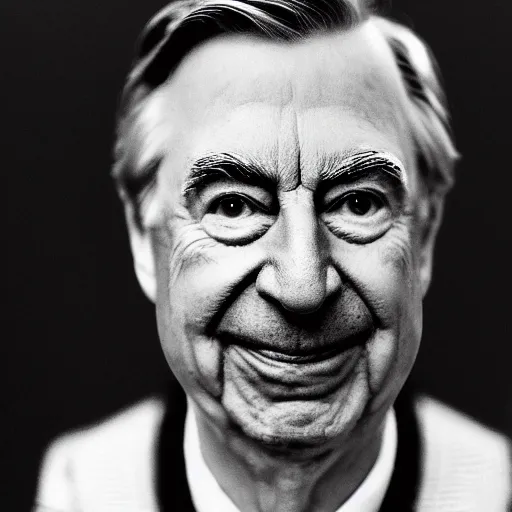 Image similar to symmetrical, close up face portrait of mr rogers, scowling, studio lighting, depth of field, photography, black and white, highly detailed