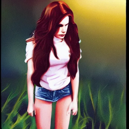 Image similar to trail cam footage of lana del rey, photorealistic, horror