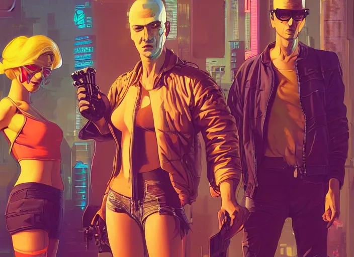 Prompt: cyberpunk heist crew. portrait by stonehouse and mœbius and will eisner and gil elvgren and pixar. character design. realistic proportions. dystopian. cyberpunk 2 0 7 7, apex, blade runner 2 0 4 9 concept art. cel shading. attractive face. thick lines. hi def 4 k. the team.