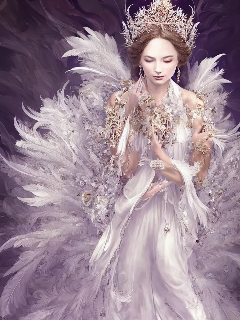 Prompt: A beautiful fantasy empress, highly detailed full body, detailed intricate white flower tiara, feathers, ((wearing aristocrat robe)), highly detailed figure, fractal crystal, epic composition, ultra wide-shot, dynamic pose, concept art, beautifully lit, digital painting, smooth, desaturated color theme, character design, sharp focus, elegant, intricate, post processing, artstation, by WLOP, mucha, James Jean, Victo Ngai, ryohei hase