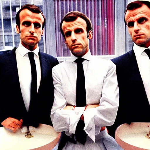 Prompt: three Emmanuel Macron in American Psycho (1999)