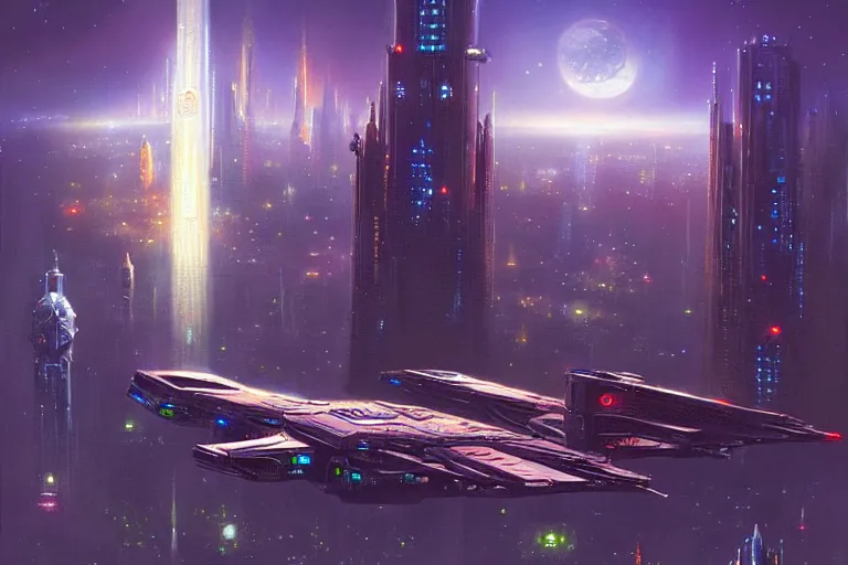 Image similar to a scifi illustration, Night City on Coruscant by ralph horsley