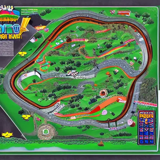 Prompt: top down view of Nintendo Mario kart custom racing racetrack map. Punk rock hiking trail themed custom dirt path trail map. Post punk underground nightclub rave course. HD track details.