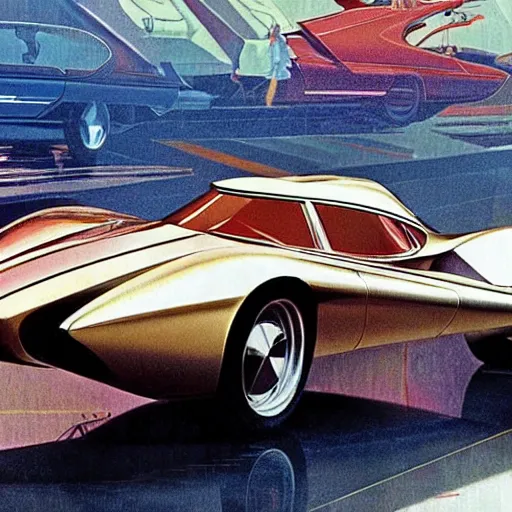 Image similar to an extremely complex and advanced car from the 1960s, extreme plus resolution fantasy concept art, intricate details to everything visible, sharp lighting, Dramatic light by Denis Villeneuve, strong emphasis on Syd Mead and Robert McCall