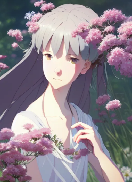 Image similar to a film still portrait of nymph girl with crown of flowers, finely detailed features, perfect art, trending on pixiv fanbox, painted by greg rutkowski makoto shinkai takashi takeuchi studio ghibli, akihiko yoshida,