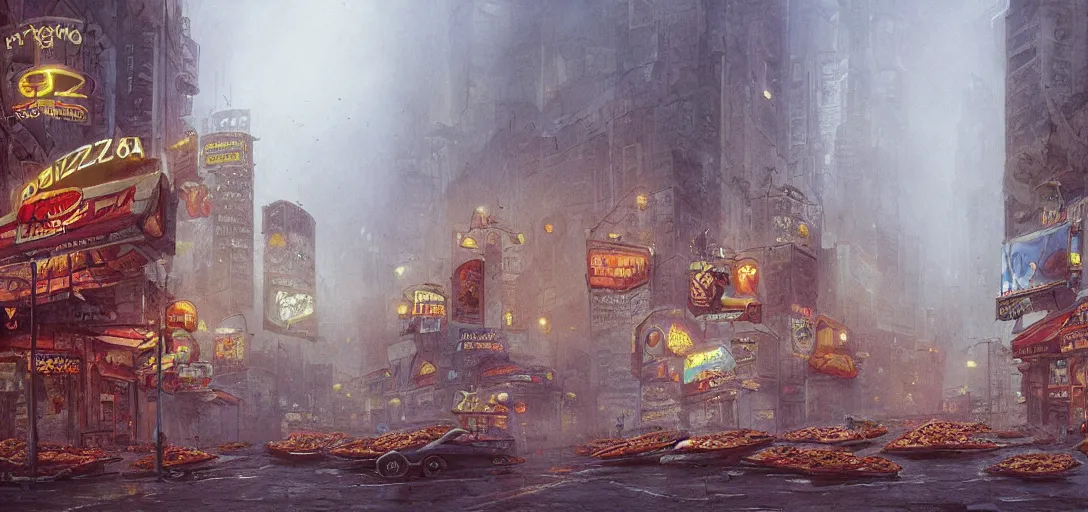 Prompt: a city made of pizza, 80s style, foggy, 8k, james gurney, greg rutkowski, john howe, artstation