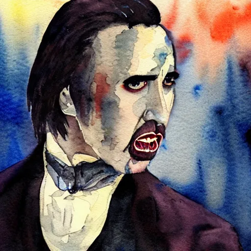 Prompt: watercolor portrait of nicolas cage as count dracula, detailed, centered, duotone