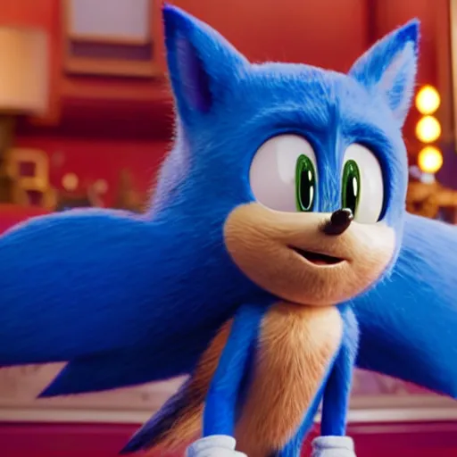 Image similar to a film still of sonic in detective pikachu