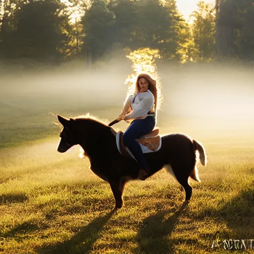 Image similar to Corgi riding a horse, natural lighting, realistic, sunbeams, golden hour, misty atmospherics