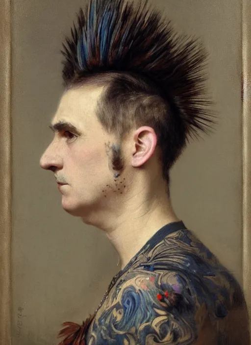 Image similar to a detailed portrait of old woamn with a extravagant mohawk by edouard bisson, blue hair, punk rock, oil painting, muted colours, soft lighting