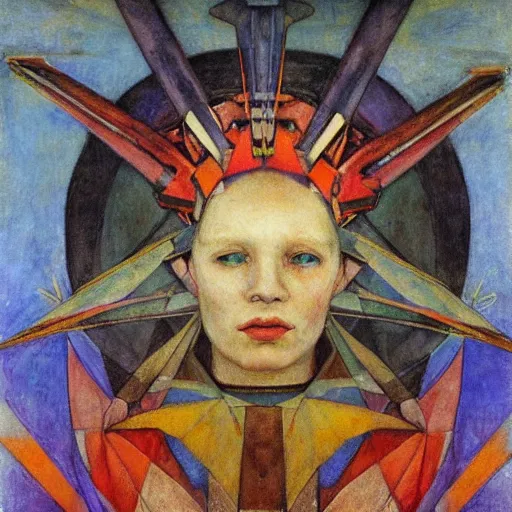 Image similar to the android in her crow crown, by Annie Swynnerton and Diego Rivera, symbolist, dramatic lighting, elaborate geometric ornament, Art Brut ,god rays, soft cool colors,smooth, sharp focus, extremely detailed, Adolf Wölfli