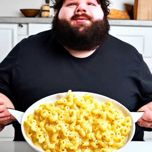 Prompt: overweight 2 0 year old with messy black hair and big beard cooks mac and cheese late at night