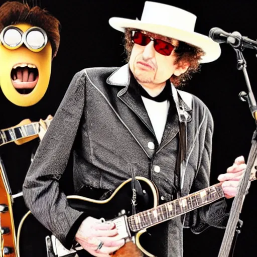 Image similar to bob dylan with walrus tusks and dressed like a minion