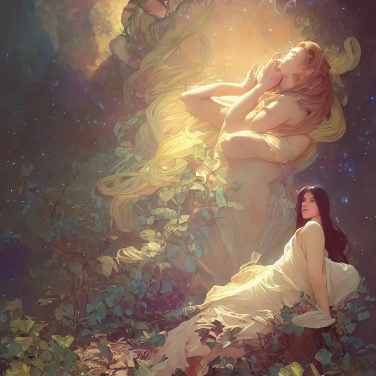 Prompt: Pandora dreaming against the backdrop of the universe, full body, digital painting, artstation, concept art, sharp focus, cinematic lighting, illustration, art by artgerm and greg rutkowski, alphonse mucha, cgsociety