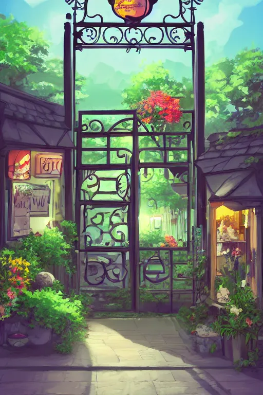 Image similar to a little flower shop's front gate, fresh, digital illustration, pixiv, dramatic lighting