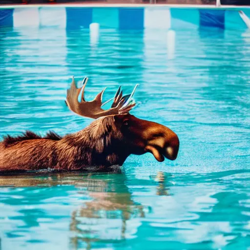 Prompt: photo of a moose at a swimming pool, people, 50mm, beautiful photo