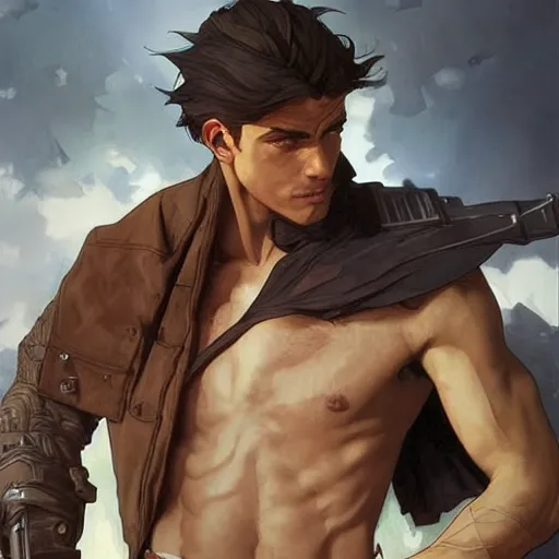 Prompt: a rugged edgy teen assassin, male, muscular, slim build, handsome, art by Artgerm and Greg Rutkowski and Alphonse Mucha