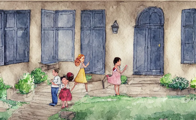 Image similar to storybook illustration of a wall with family pictures, watercolor