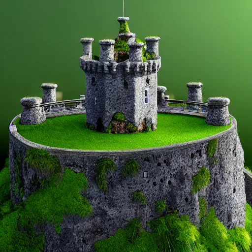 Image similar to minature castle on a rock, mossy, octane render, 4 k, macro photography, detailed medieval castle