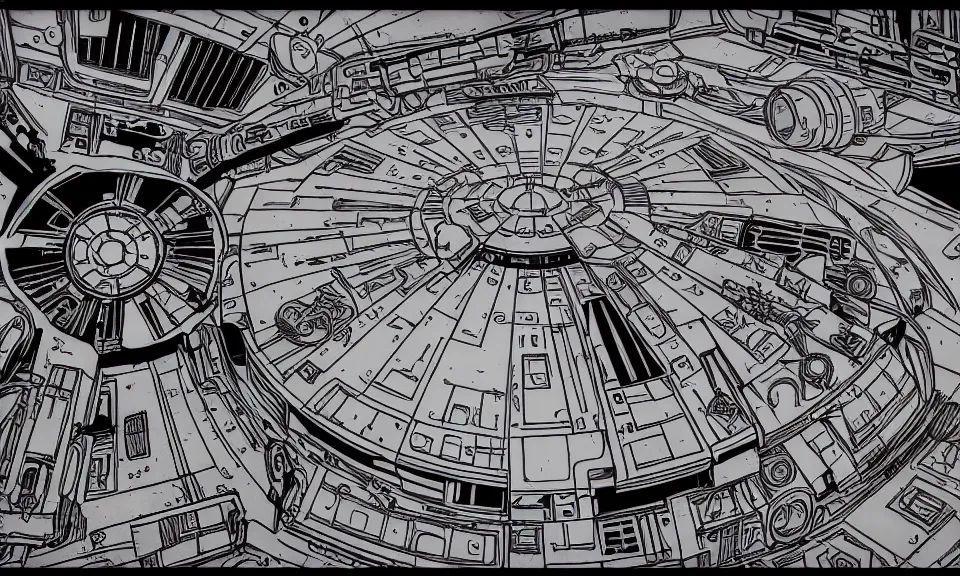 Image similar to interior of a millennium falcon from star wars, anime style, cozy, drawing, highly detailed