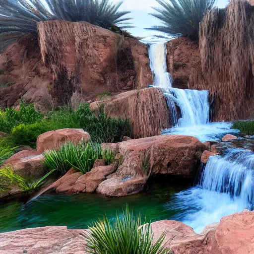 Prompt: realistic waterfall in the middle of the desert