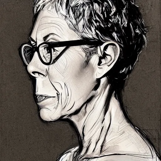 Prompt: a realistic yet scraggly portrait sketch of the side profile of a stern and sophisticated jamie lee curtis, trending on artstation, intricate details, in the style of frank auerbach, in the style of sergio aragones, in the style of martin ansin, in the style of david aja, in the style of mattias adolfsson