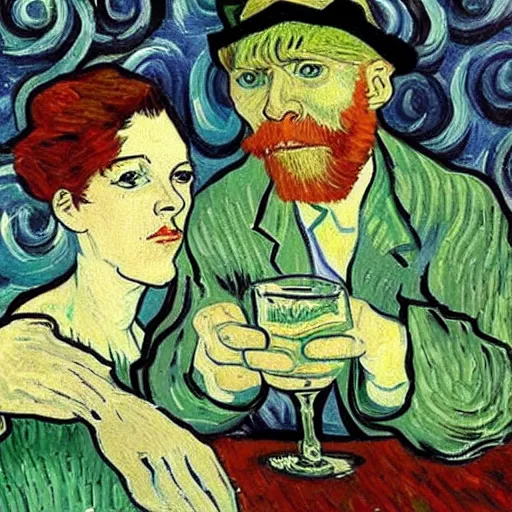 Image similar to van gogh drinking absinthe in a cafe, in the style of van gogh