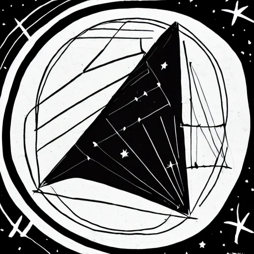 Prompt: simple line drawing of intersecting triangle outlines in outer space