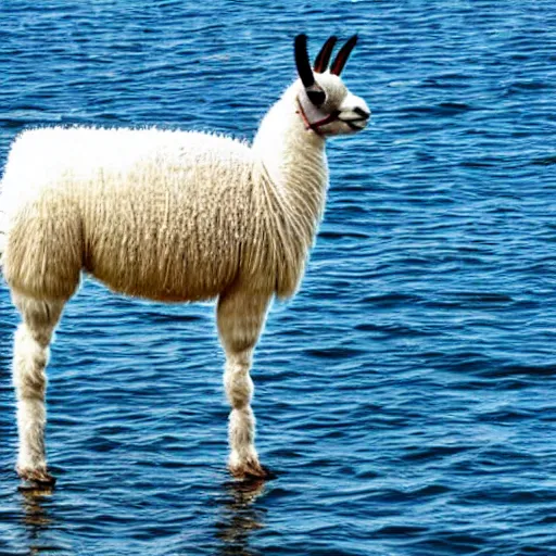 Prompt: a llama spitting at a dart board in the middle of the ocean