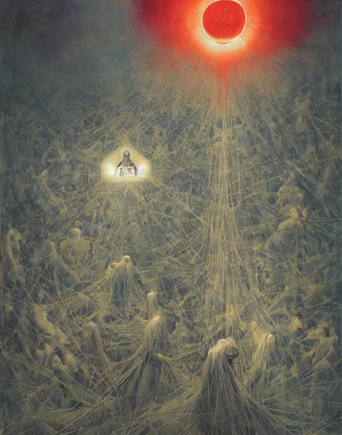 Prompt: worshippers in robes holding a very large crystal tesseract radiating white light, interior of a small room, glowing crystal tesseract!!!!!!!!!!!!!!!!!!, beksinski painting, part by adrian ghenie and gerhard richter. art by takato yamamoto. masterpiece, deep colours