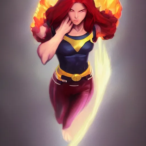 Image similar to jean grey, a half body of jean grey, comic, x - men, marvel, vivid colors, soft lighting, atmospheric, cinematic, moody, in the style of krenz cushart, oil on canvas, 8 k