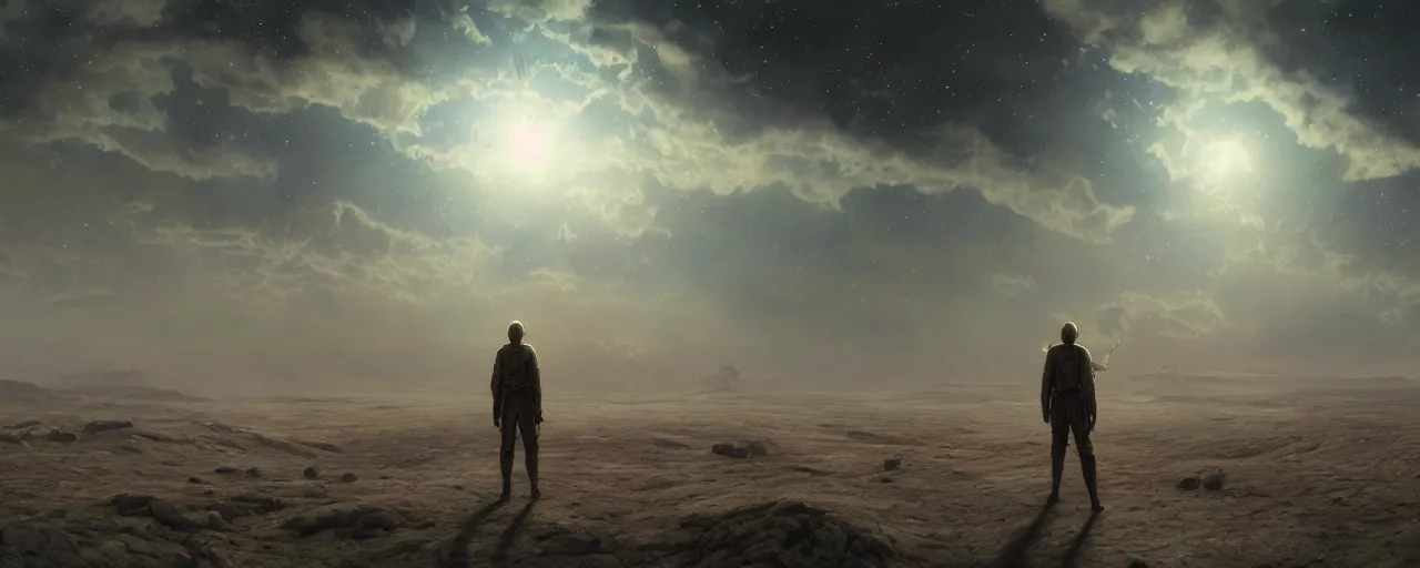 Image similar to a masterpiece oil painting of an interstellar traveler wandering through a desert made of cloud nebulas, by Tom Bagshaw and Alphonse Mucha and James Jean and John Williams Waterhouse, rendered in Octane and Cinema4D, 8k, volumetric lighting, concept art, ArtStation, fantasy, extremely moody lighting, cinematic, atmospheric, depth of field, intricate, elegant, highly detailed, digital painting, very coherent artwork