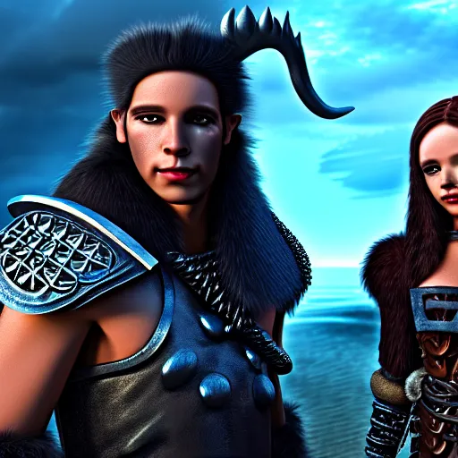 Image similar to a male DND barbarian wearing leather armor and fur holding a small blue-skinned Triton girl with black hair, high resolution film still, 4k, HDR colors