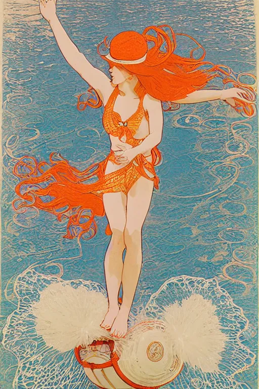 Image similar to A girl in a white lacy bikini and white sun hat and Holding a heart-shaped lifebuoy, jumping for joy,long orange hair floating on air ,Waves and splashes,beach ,Smooth visual lines,graphic Design by mucha