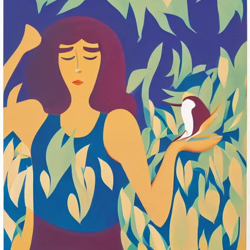 Image similar to Land art. a woman is shown from behind, her body slightly blurred as if in motion. Her long hair cascades down her back, and she is holding a small bird in her hand. alegria 'corporate memphis', foil art by Debbie Criswell, by Richard Hamilton bold, minimalist