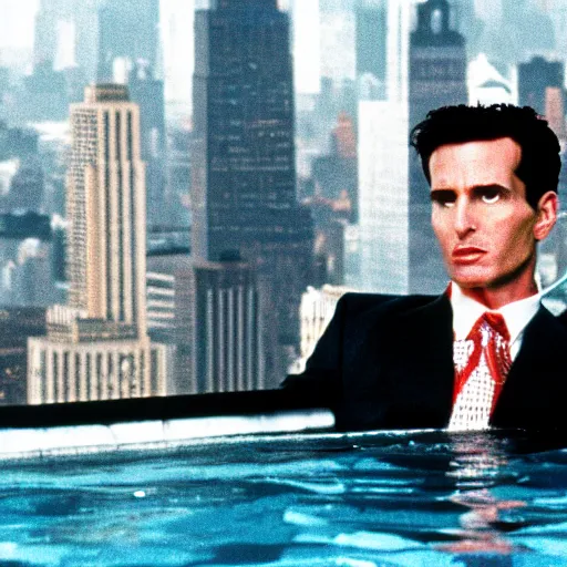 Prompt: patrick bateman chilling in a swimming pool on the terrace of empire state building, in american psycho ( 1 9 9 9 )