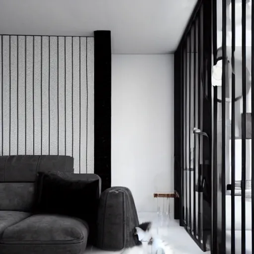 Prompt: modern minimalist interior design with a fluffy kitten